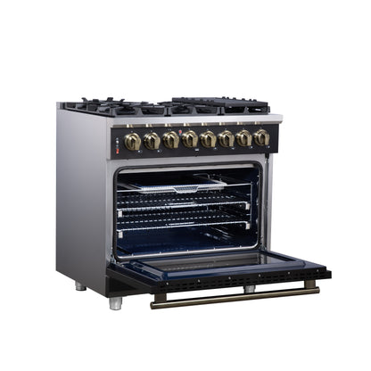 Cuisinière bi-énergie autonome Forno Massimo de 36 pouces, noire, avec accessoires en laiton antique, 6 brûleurs et four à convection de 5,36 pi³.