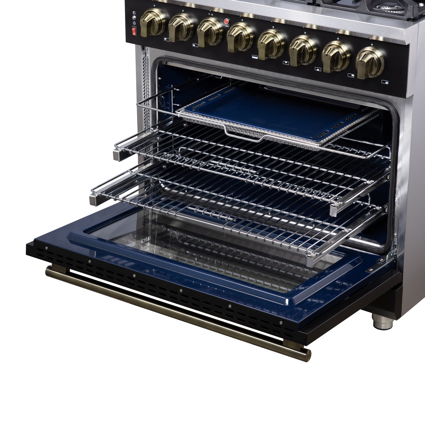 Cuisinière bi-énergie autonome Forno Massimo de 36 pouces, noire, avec accessoires en laiton antique, 6 brûleurs et four à convection de 5,36 pi³.