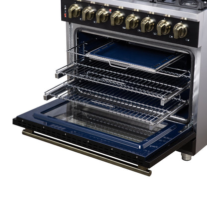 Cuisinière bi-énergie autonome Forno Massimo de 36 pouces, noire, avec accessoires en laiton antique, 6 brûleurs et four à convection de 5,36 pi³.