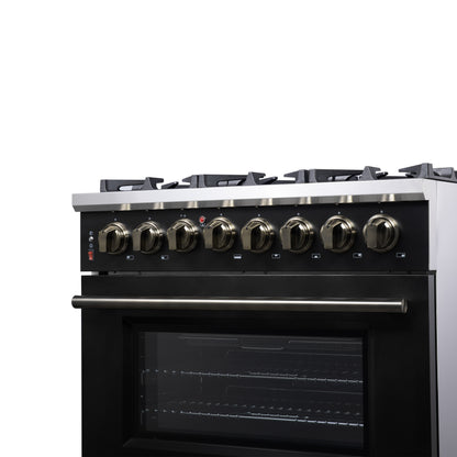 Cuisinière bi-énergie autonome Forno Massimo de 36 pouces, noire, avec accessoires en laiton antique, 6 brûleurs et four à convection de 5,36 pi³.
