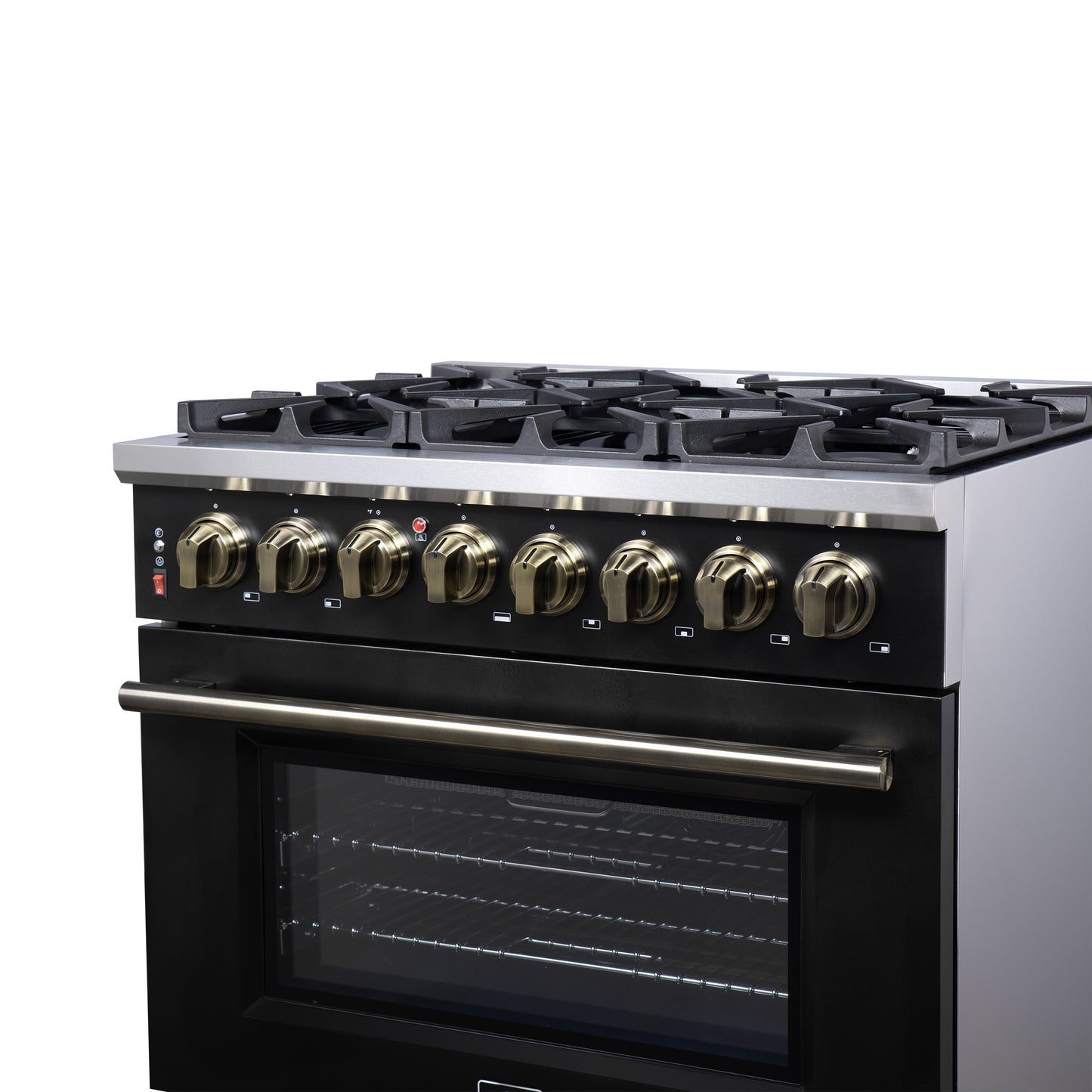 Cuisinière bi-énergie autonome Forno Massimo de 36 pouces, noire, avec accessoires en laiton antique, 6 brûleurs et four à convection de 5,36 pi³.