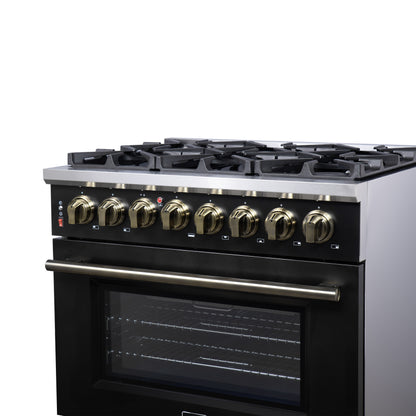 Cuisinière bi-énergie autonome Forno Massimo de 36 pouces, noire, avec accessoires en laiton antique, 6 brûleurs et four à convection de 5,36 pi³.
