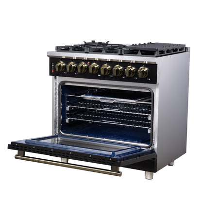 Cuisinière bi-énergie autonome Forno Massimo de 36 pouces, noire, avec accessoires en laiton antique, 6 brûleurs et four à convection de 5,36 pi³.