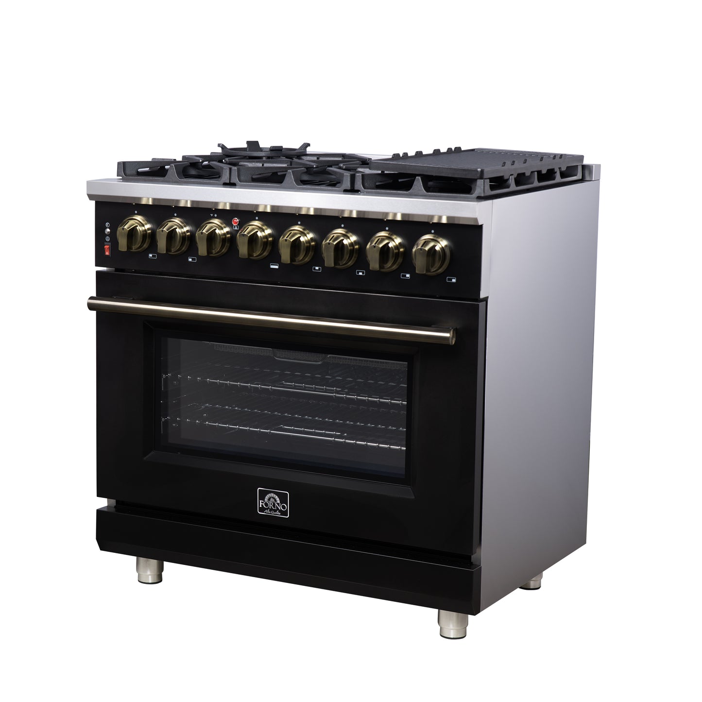 Cuisinière bi-énergie autonome Forno Massimo de 36 pouces, noire, avec accessoires en laiton antique, 6 brûleurs et four à convection de 5,36 pi³.