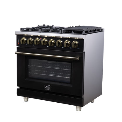 Cuisinière bi-énergie autonome Forno Massimo de 36 pouces, noire, avec accessoires en laiton antique, 6 brûleurs et four à convection de 5,36 pi³.