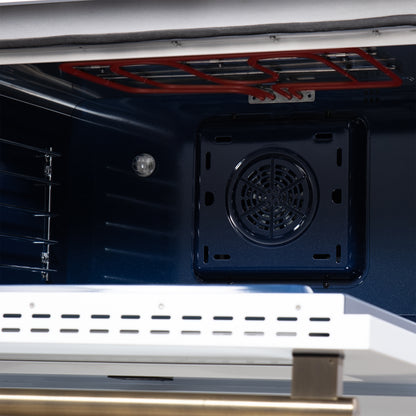 Cuisinière bi-énergie autonome Forno Massimo de 36 pouces, blanche, avec accessoires en laiton antique, 6 brûleurs et four à convection de 5,36 pi³.