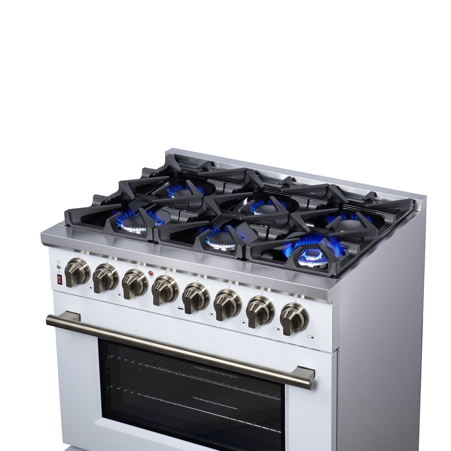 Cuisinière bi-énergie autonome Forno Massimo de 36 pouces, blanche, avec accessoires en laiton antique, 6 brûleurs et four à convection de 5,36 pi³.