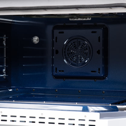 Cuisinière bi-énergie autonome Forno Massimo de 36 pouces, blanche, avec accessoires en laiton antique, 6 brûleurs et four à convection de 5,36 pi³.