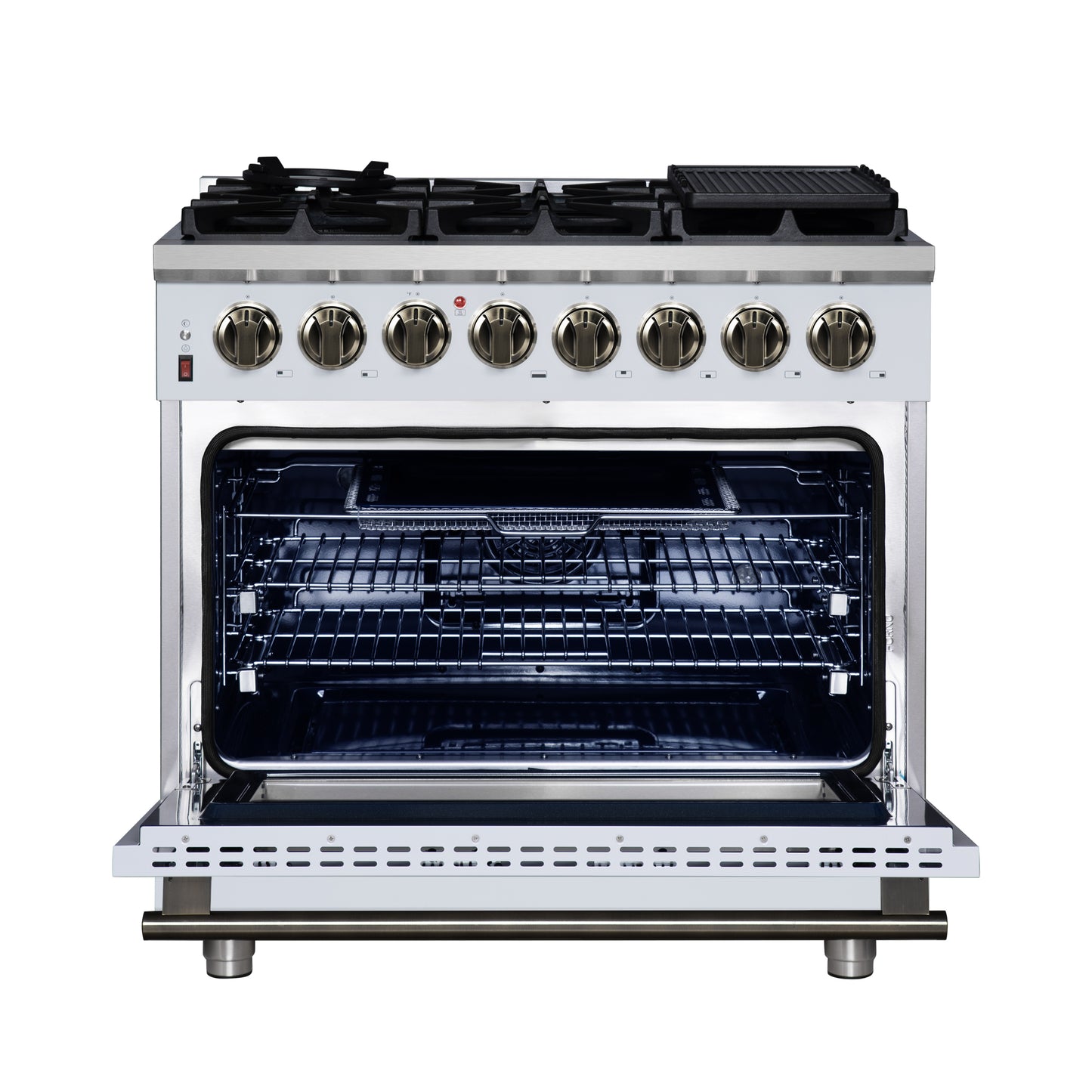 Cuisinière bi-énergie autonome Forno Massimo de 36 pouces, blanche, avec accessoires en laiton antique, 6 brûleurs et four à convection de 5,36 pi³.