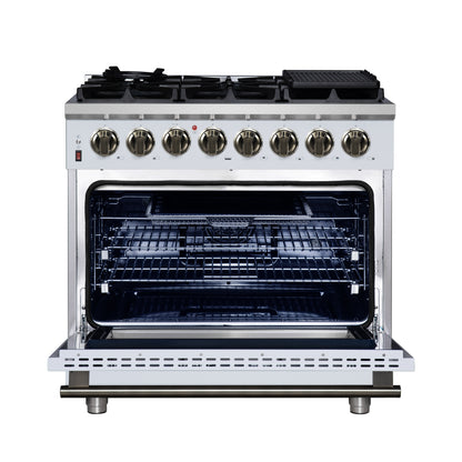 Cuisinière bi-énergie autonome Forno Massimo de 36 pouces, blanche, avec accessoires en laiton antique, 6 brûleurs et four à convection de 5,36 pi³.