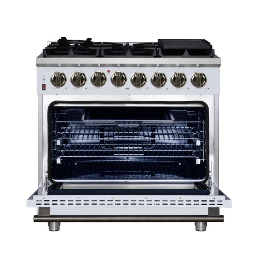 Cuisinière bi-énergie autonome Forno Massimo de 36 pouces, blanche, avec accessoires en laiton antique, 6 brûleurs et four à convection de 5,36 pi³.