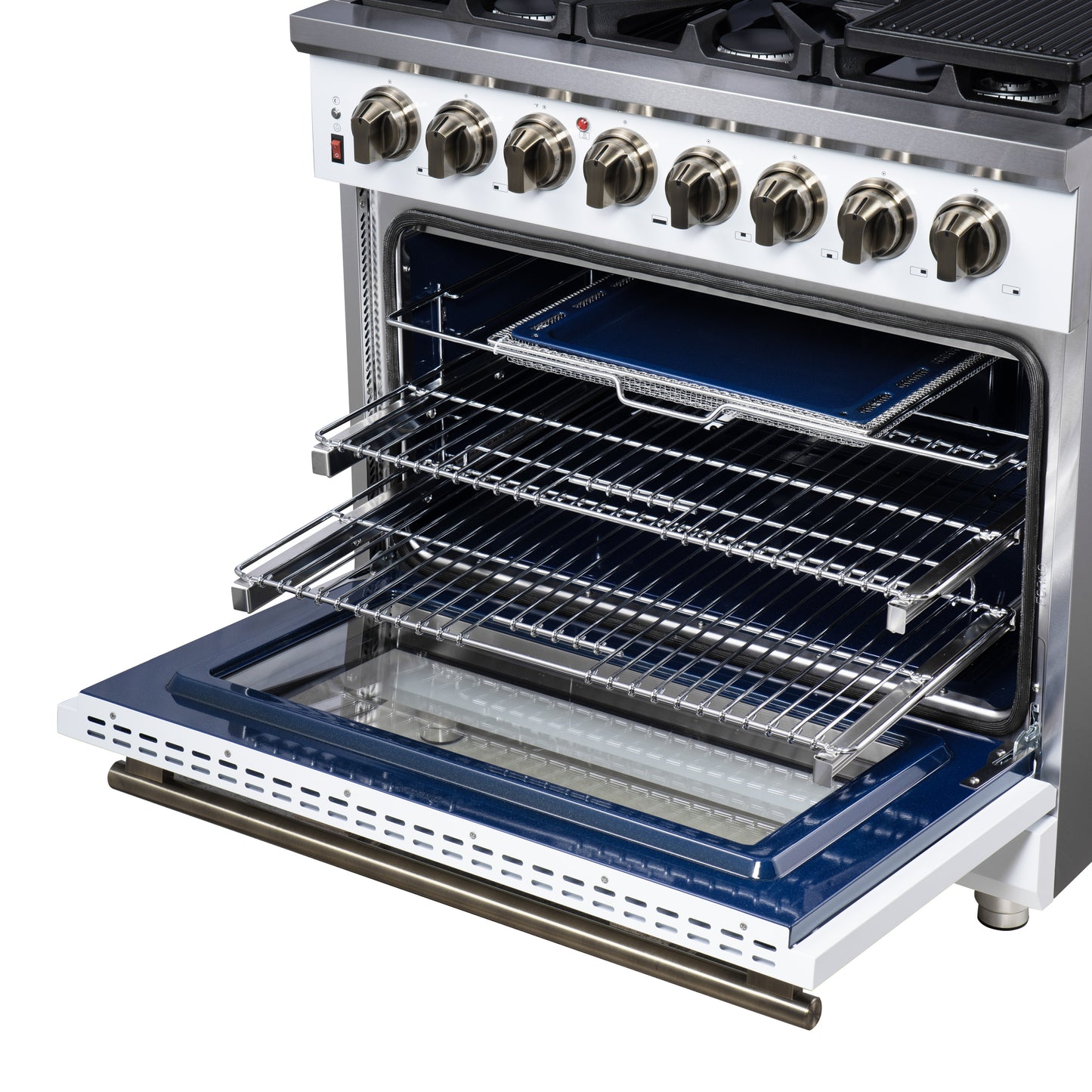 Cuisinière bi-énergie autonome Forno Massimo de 36 pouces, blanche, avec accessoires en laiton antique, 6 brûleurs et four à convection de 5,36 pi³.