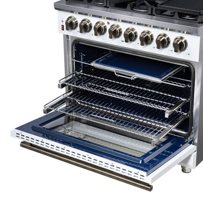 Cuisinière bi-énergie autonome Forno Massimo de 36 pouces, blanche, avec accessoires en laiton antique, 6 brûleurs et four à convection de 5,36 pi³.