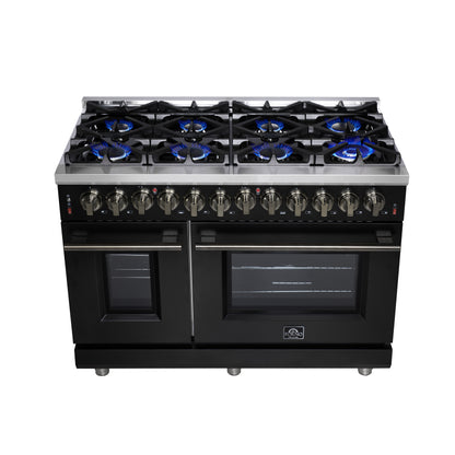 Cuisinière bi-énergie autonome Forno Massimo de 48 pouces, noire, avec accessoires en laiton antique, 8 brûleurs et four à convection de 6,58 pi³.