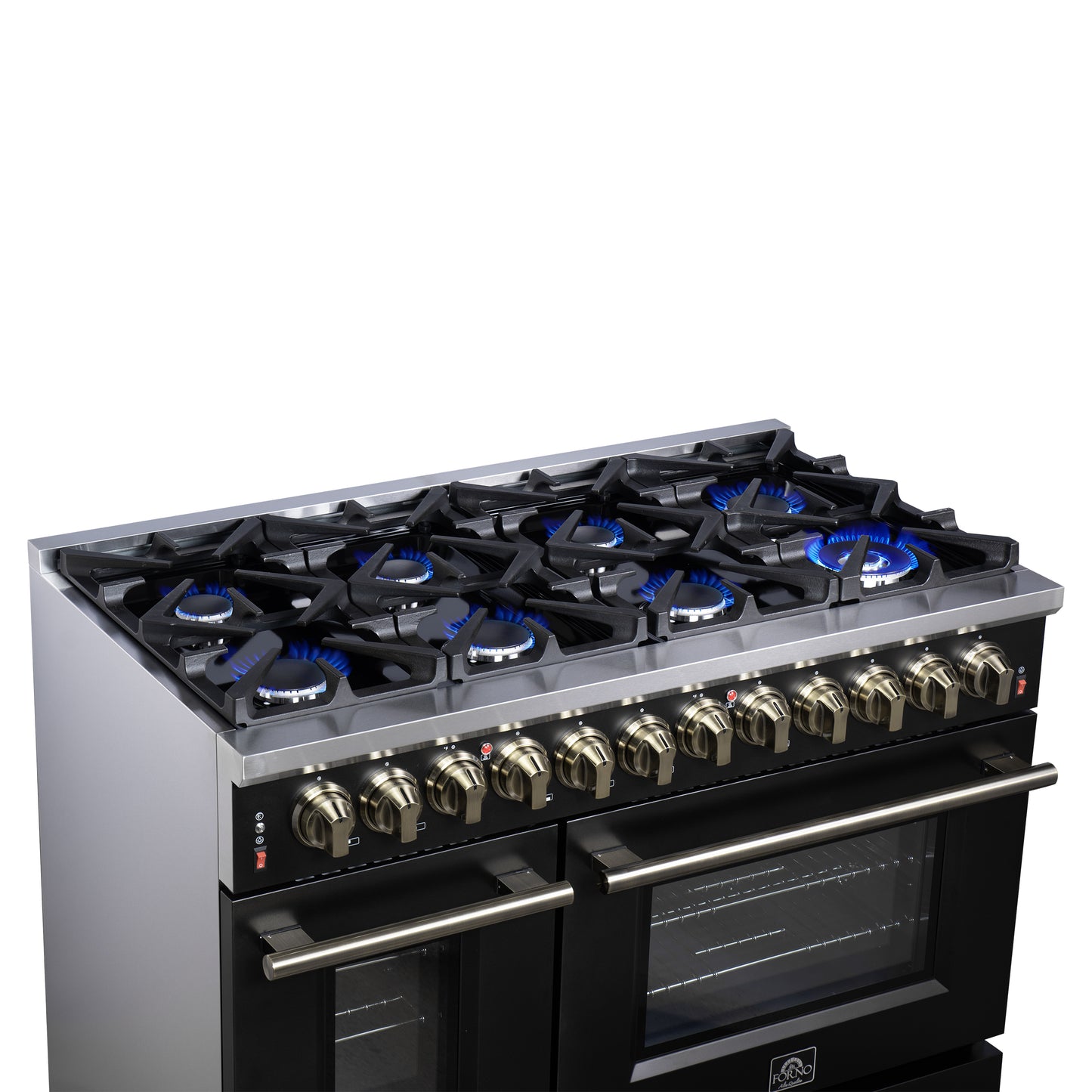 Cuisinière bi-énergie autonome Forno Massimo de 48 pouces, noire, avec accessoires en laiton antique, 8 brûleurs et four à convection de 6,58 pi³.
