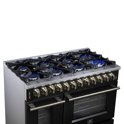 Cuisinière bi-énergie autonome Forno Massimo de 48 pouces, noire, avec accessoires en laiton antique, 8 brûleurs et four à convection de 6,58 pi³.