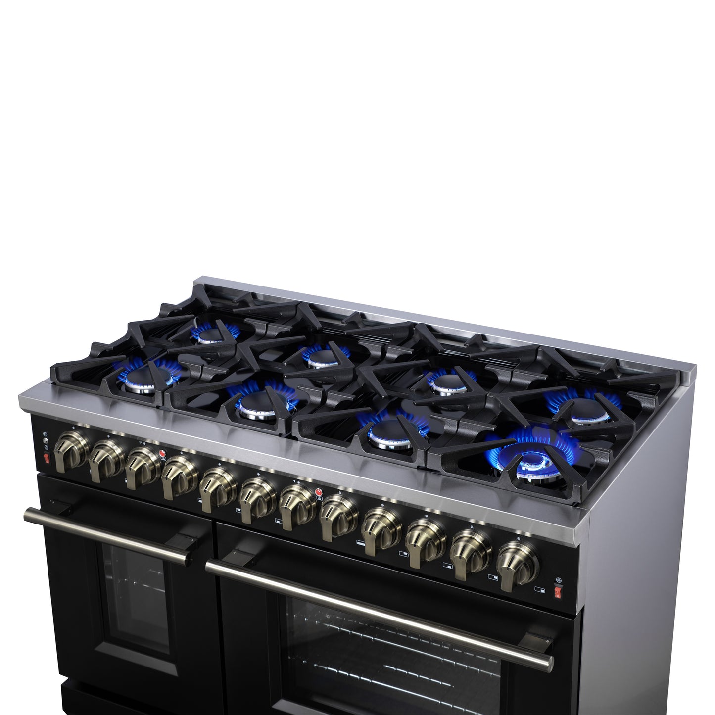 Cuisinière bi-énergie autonome Forno Massimo de 48 pouces, noire, avec accessoires en laiton antique, 8 brûleurs et four à convection de 6,58 pi³.