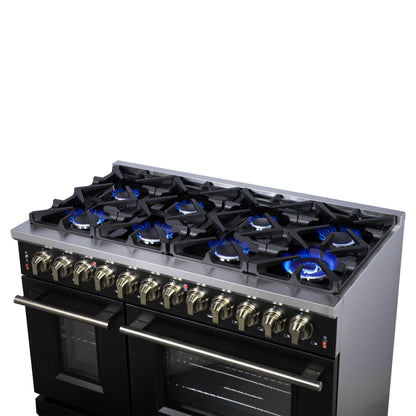Cuisinière bi-énergie autonome Forno Massimo de 48 pouces, noire, avec accessoires en laiton antique, 8 brûleurs et four à convection de 6,58 pi³.