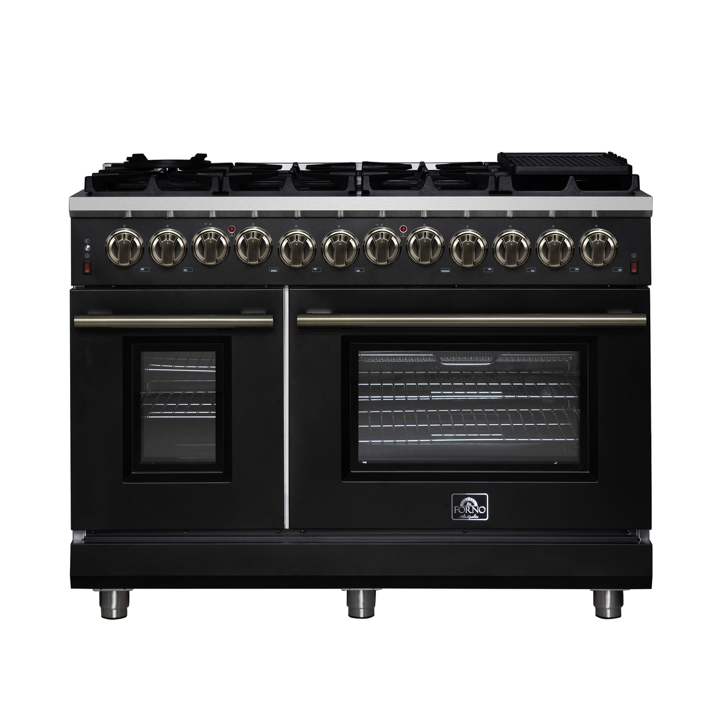 Cuisinière bi-énergie autonome Forno Massimo de 48 pouces, noire, avec accessoires en laiton antique, 8 brûleurs et four à convection de 6,58 pi³.