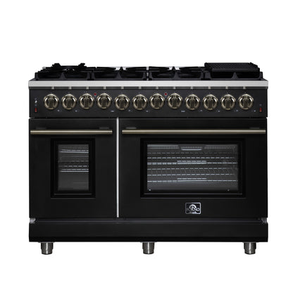 Cuisinière bi-énergie autonome Forno Massimo de 48 pouces, noire, avec accessoires en laiton antique, 8 brûleurs et four à convection de 6,58 pi³.