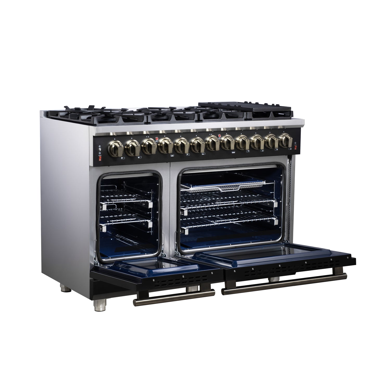 Cuisinière bi-énergie autonome Forno Massimo de 48 pouces, noire, avec accessoires en laiton antique, 8 brûleurs et four à convection de 6,58 pi³.