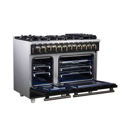 Cuisinière bi-énergie autonome Forno Massimo de 48 pouces, noire, avec accessoires en laiton antique, 8 brûleurs et four à convection de 6,58 pi³.