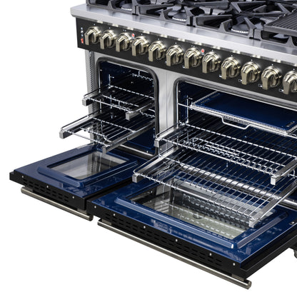 Cuisinière bi-énergie autonome Forno Massimo de 48 pouces, noire, avec accessoires en laiton antique, 8 brûleurs et four à convection de 6,58 pi³.