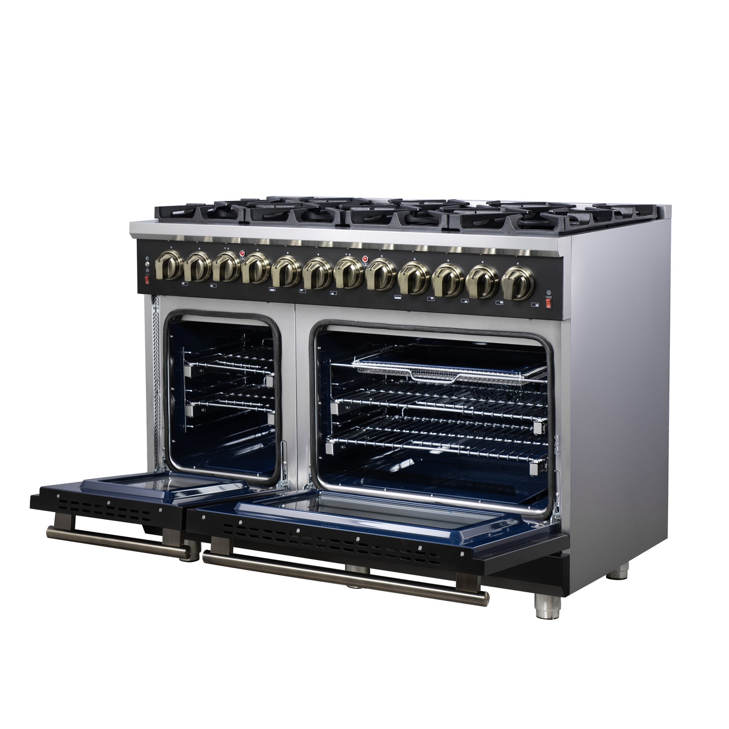 Cuisinière bi-énergie autonome Forno Massimo de 48 pouces, noire, avec accessoires en laiton antique, 8 brûleurs et four à convection de 6,58 pi³.