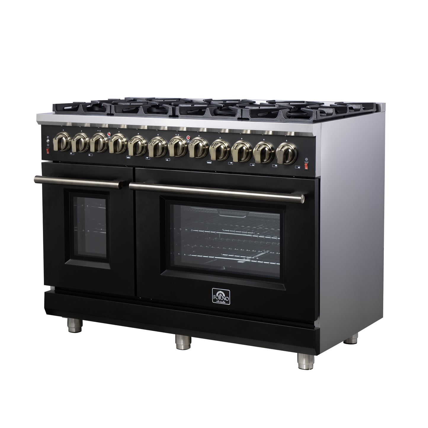 Cuisinière bi-énergie autonome Forno Massimo de 48 pouces, noire, avec accessoires en laiton antique, 8 brûleurs et four à convection de 6,58 pi³.