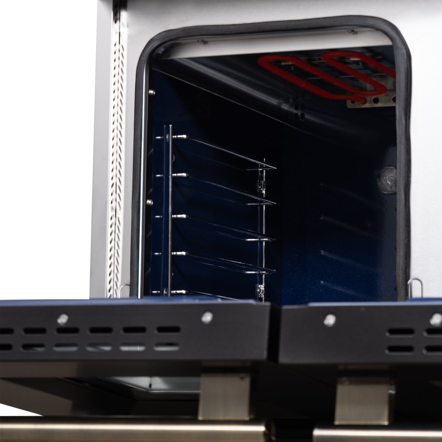 Cuisinière bi-énergie autonome Forno Massimo de 48 pouces, noire, avec accessoires en laiton antique, 8 brûleurs et four à convection de 6,58 pi³.