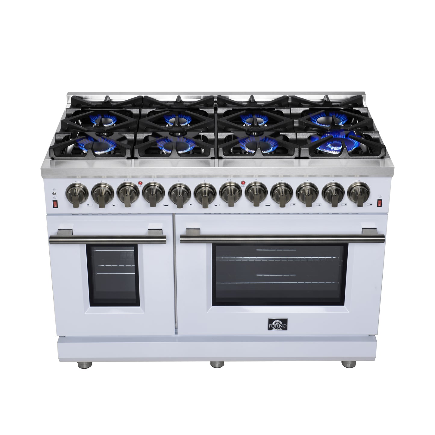 Cuisinière bi-énergie autonome Forno Massimo de 48 pouces, blanche, avec accessoires en laiton antique, 8 brûleurs et four à convection de 6,58 pi³.