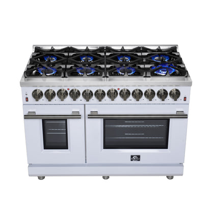 Cuisinière bi-énergie autonome Forno Massimo de 48 pouces, blanche, avec accessoires en laiton antique, 8 brûleurs et four à convection de 6,58 pi³.