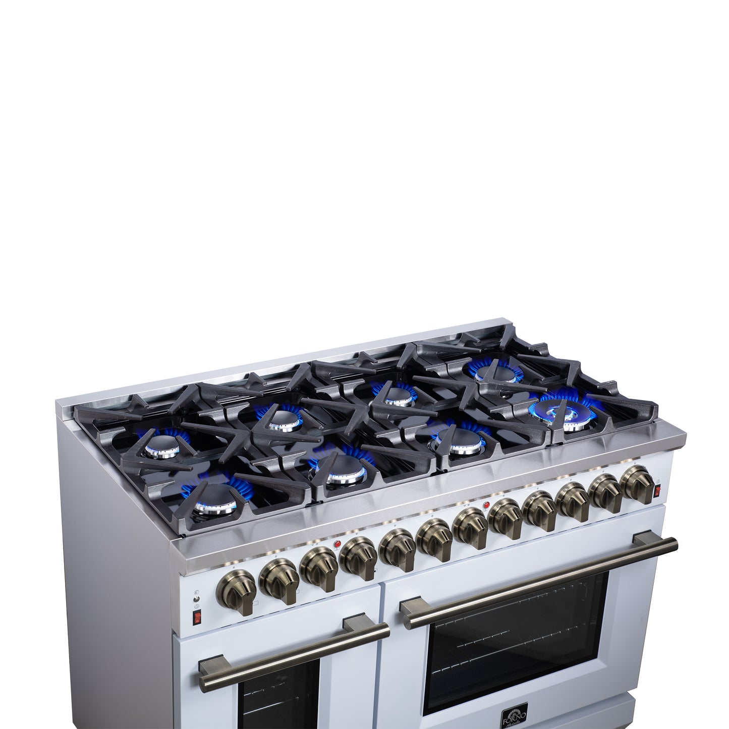 Cuisinière bi-énergie autonome Forno Massimo de 48 pouces, blanche, avec accessoires en laiton antique, 8 brûleurs et four à convection de 6,58 pi³.