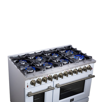 Cuisinière bi-énergie autonome Forno Massimo de 48 pouces, blanche, avec accessoires en laiton antique, 8 brûleurs et four à convection de 6,58 pi³.