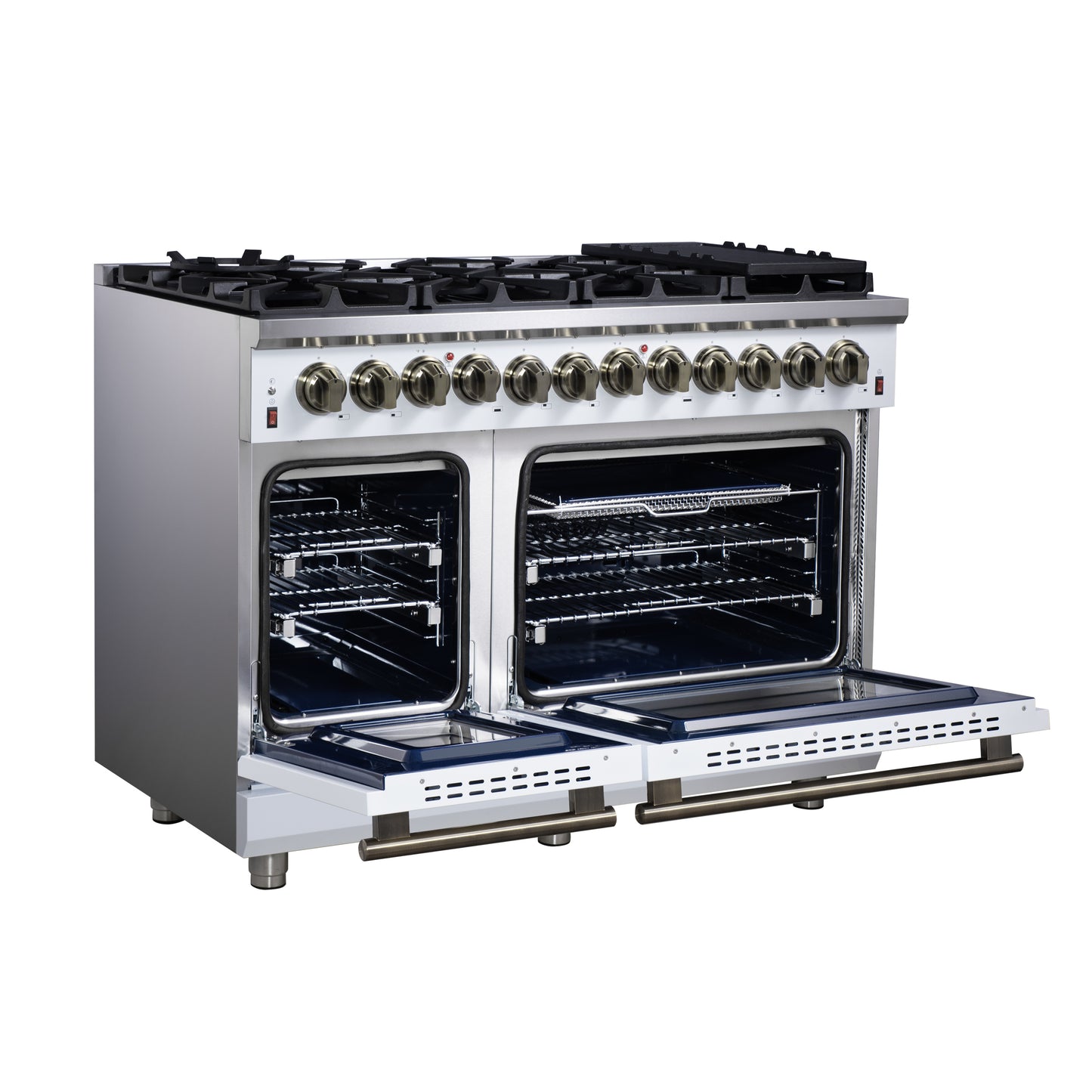 Cuisinière bi-énergie autonome Forno Massimo de 48 pouces, blanche, avec accessoires en laiton antique, 8 brûleurs et four à convection de 6,58 pi³.