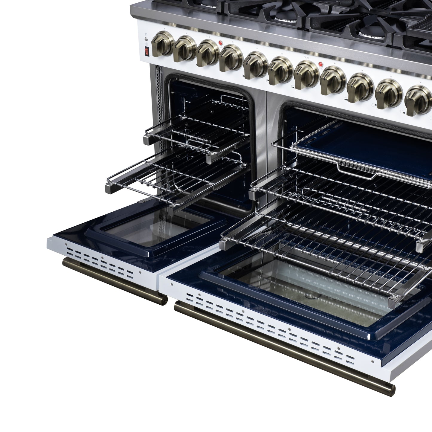 Cuisinière bi-énergie autonome Forno Massimo de 48 pouces, blanche, avec accessoires en laiton antique, 8 brûleurs et four à convection de 6,58 pi³.