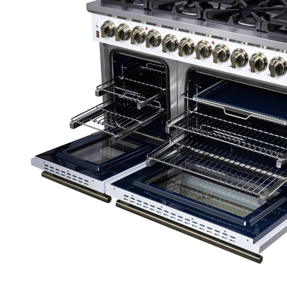 Cuisinière bi-énergie autonome Forno Massimo de 48 pouces, blanche, avec accessoires en laiton antique, 8 brûleurs et four à convection de 6,58 pi³.