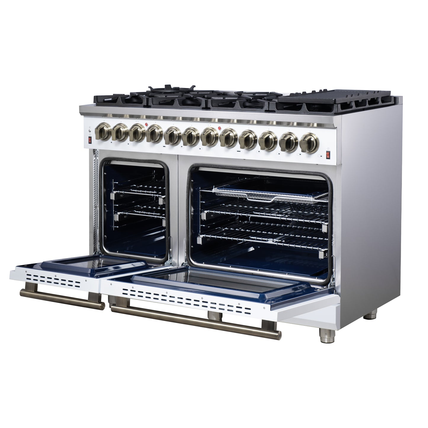 Cuisinière bi-énergie autonome Forno Massimo de 48 pouces, blanche, avec accessoires en laiton antique, 8 brûleurs et four à convection de 6,58 pi³.