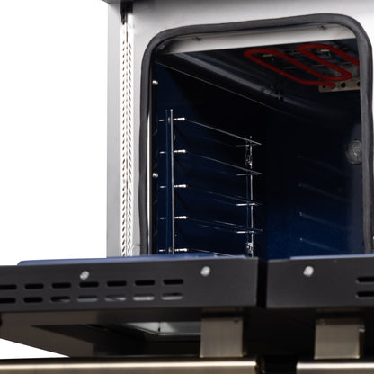 Cuisinière bi-énergie autonome Forno Massimo de 48 pouces, blanche, avec accessoires en laiton antique, 8 brûleurs et four à convection de 6,58 pi³.