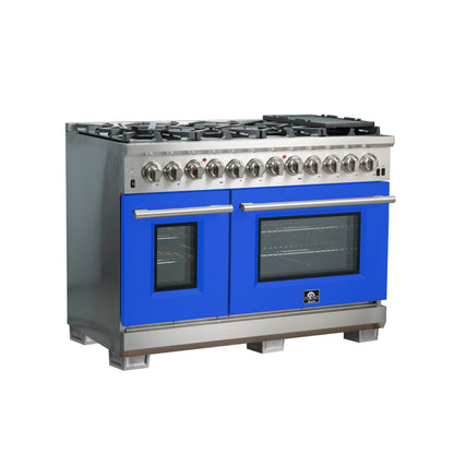 Forno Capriasca 48-Inch Freestanding Dual Fuel Range, 8 Burners, True Convection Oven, Blue Doors