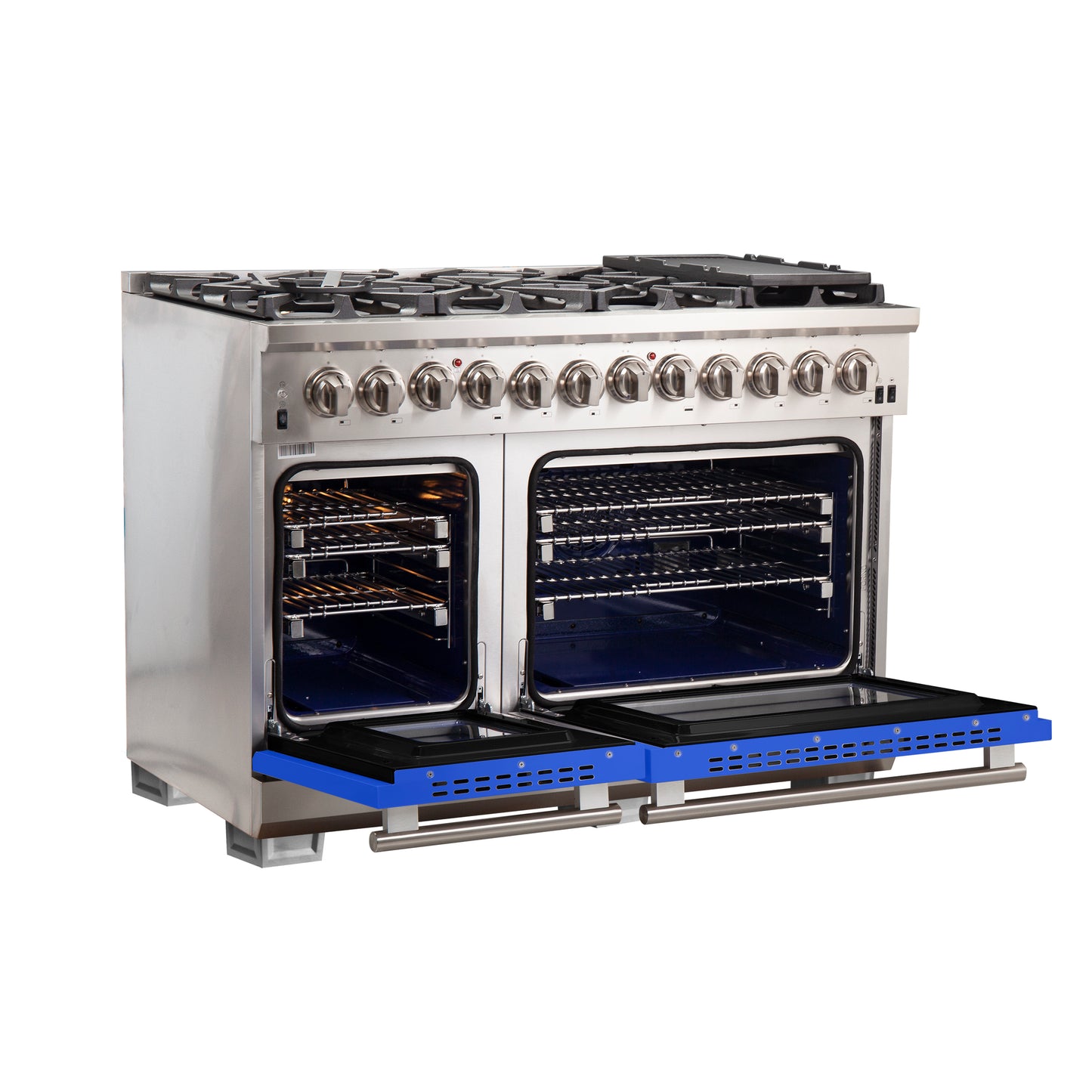 Forno Capriasca 48-Inch Freestanding Dual Fuel Range, 8 Burners, True Convection Oven, Blue Doors