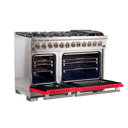 Forno Capriasca 48-Inch Freestanding Dual Fuel Range, 8 Burners, True Convection Oven, Red Doors