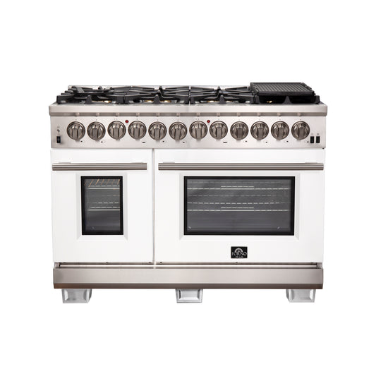 Cuisinière bi-énergie autonome Forno Capriasca de 48 pouces, 8 brûleurs, four à convection véritable, portes blanches