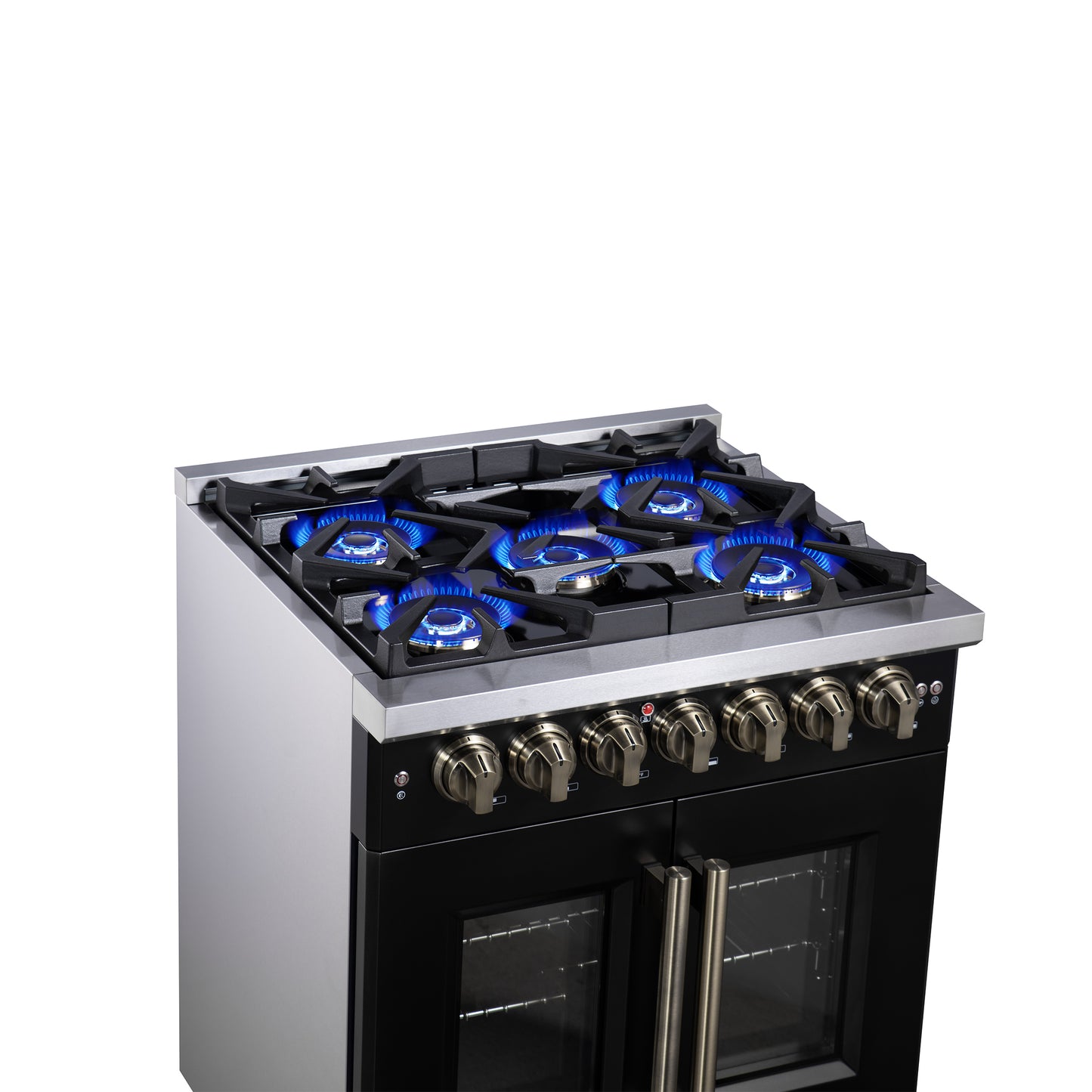 Forno Capriasca 30 Inch Freestanding French Door Dual Fuel Range in Black with Antique Brass Accessories, 5 Burners, True Convection Oven