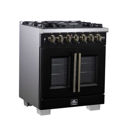 Forno Capriasca 30 Inch Freestanding French Door Dual Fuel Range in Black with Antique Brass Accessories, 5 Burners, True Convection Oven