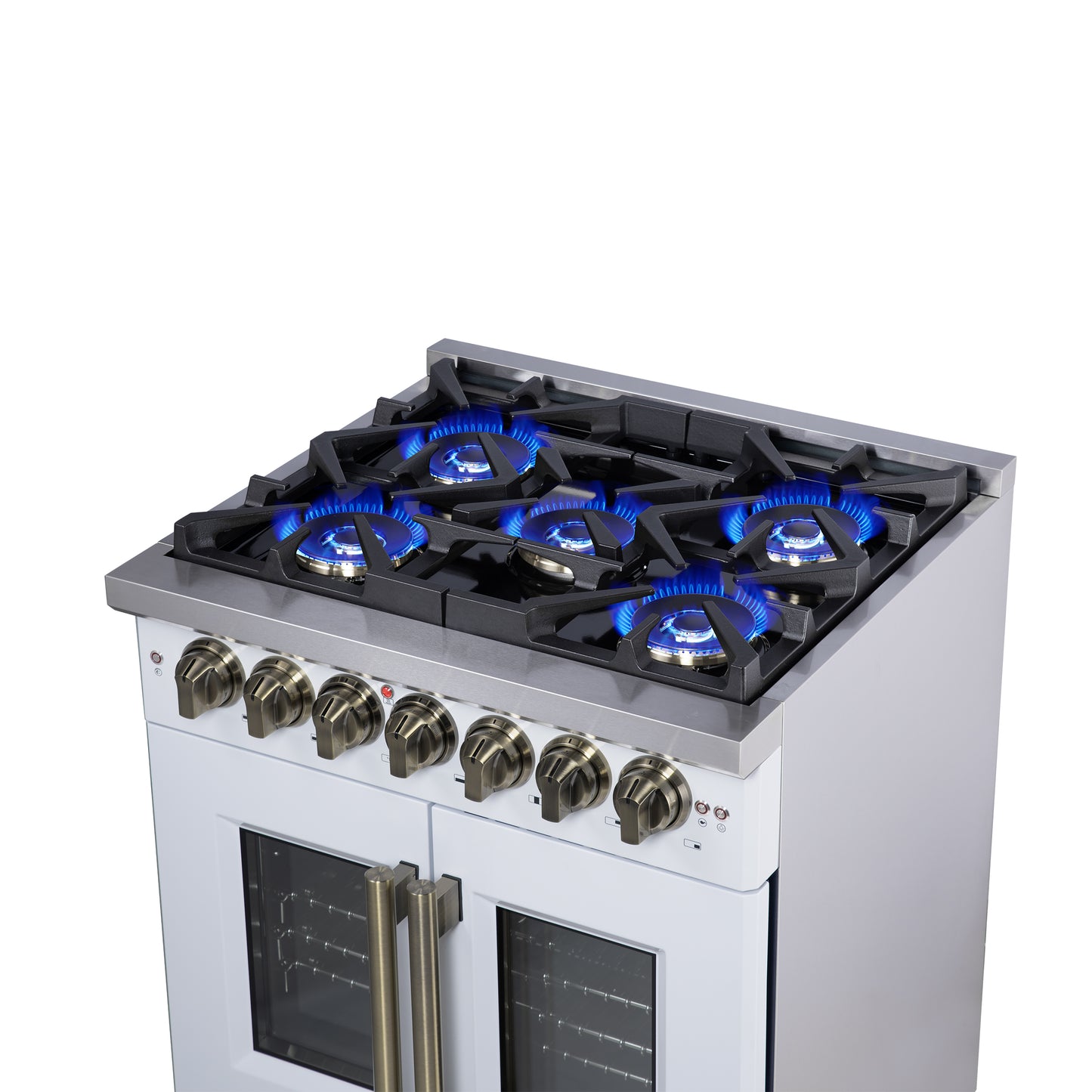 Forno Capriasca 30 Inch Freestanding French Door Dual Fuel Range in White with Antique Brass Accessories, 5 Burners, True Convection Oven