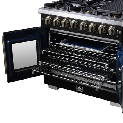 Forno Capriasca 36 Inch Freestanding French Door Dual Fuel Range in Black with Antique Brass Accessories, 6 Burners, True Convection Oven