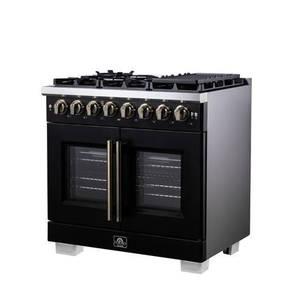 Forno Capriasca 36 Inch Freestanding French Door Dual Fuel Range in Black with Antique Brass Accessories, 6 Burners, True Convection Oven