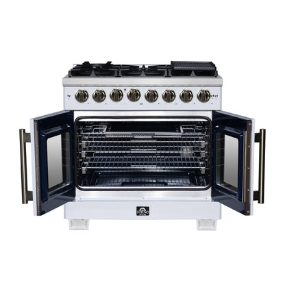 Forno Capriasca 36 Inch Freestanding French Door Dual Fuel Range in White with Antique Brass Accessories, 6 Burners, True Convection Oven