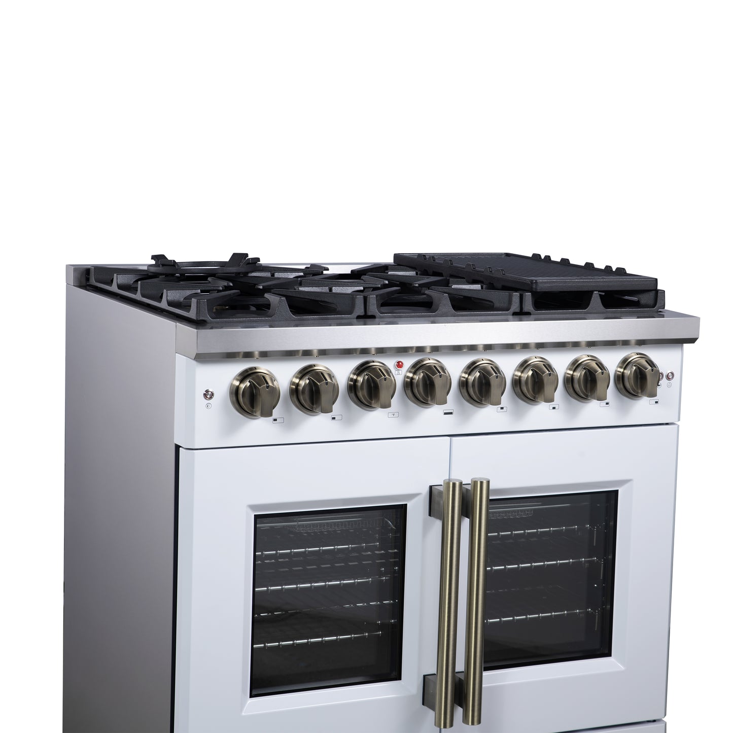 Forno Capriasca 36 Inch Freestanding French Door Dual Fuel Range in White with Antique Brass Accessories, 6 Burners, True Convection Oven